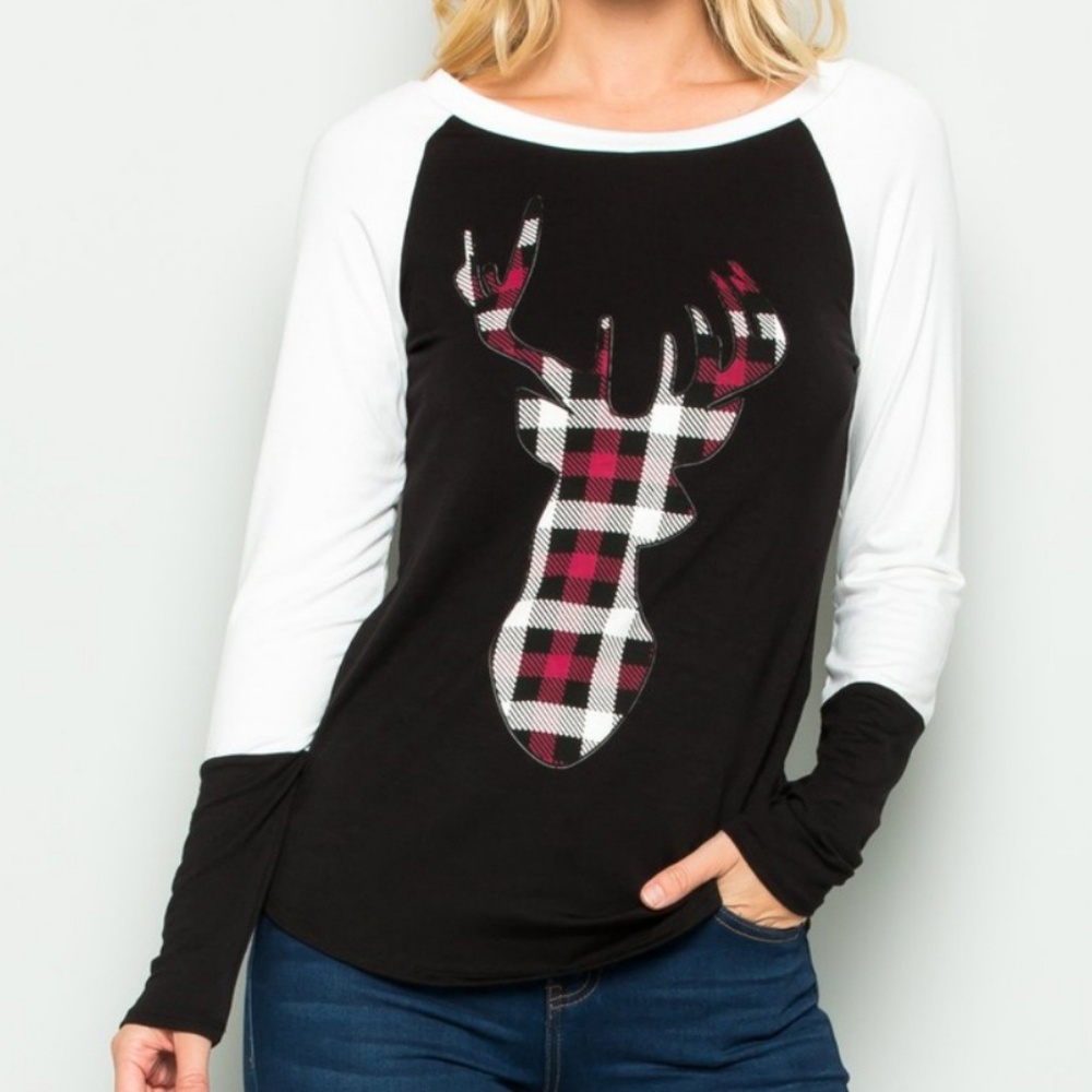 Black, Red & White Deer Raglan Tee
